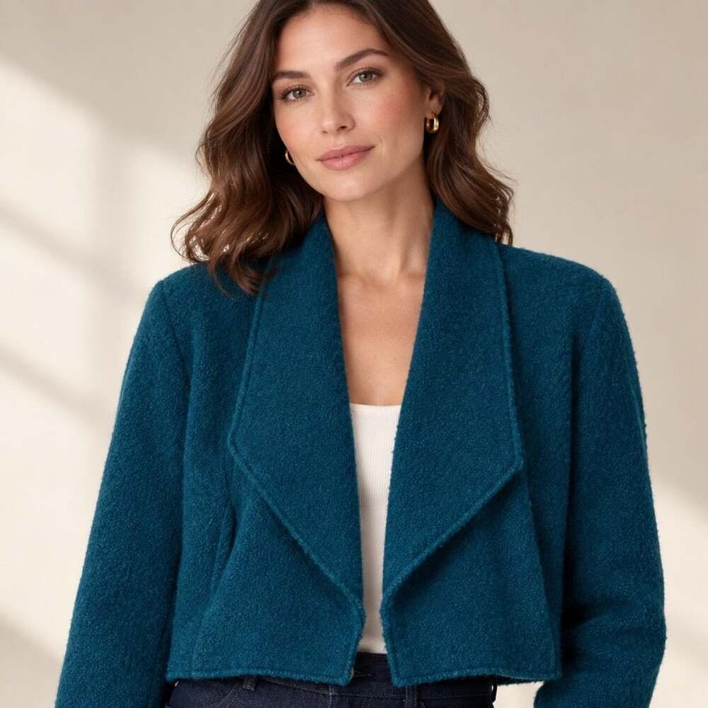 Chico's Boiled Wool Jacket Size 3 Teal Green Open Front Crop Blazer